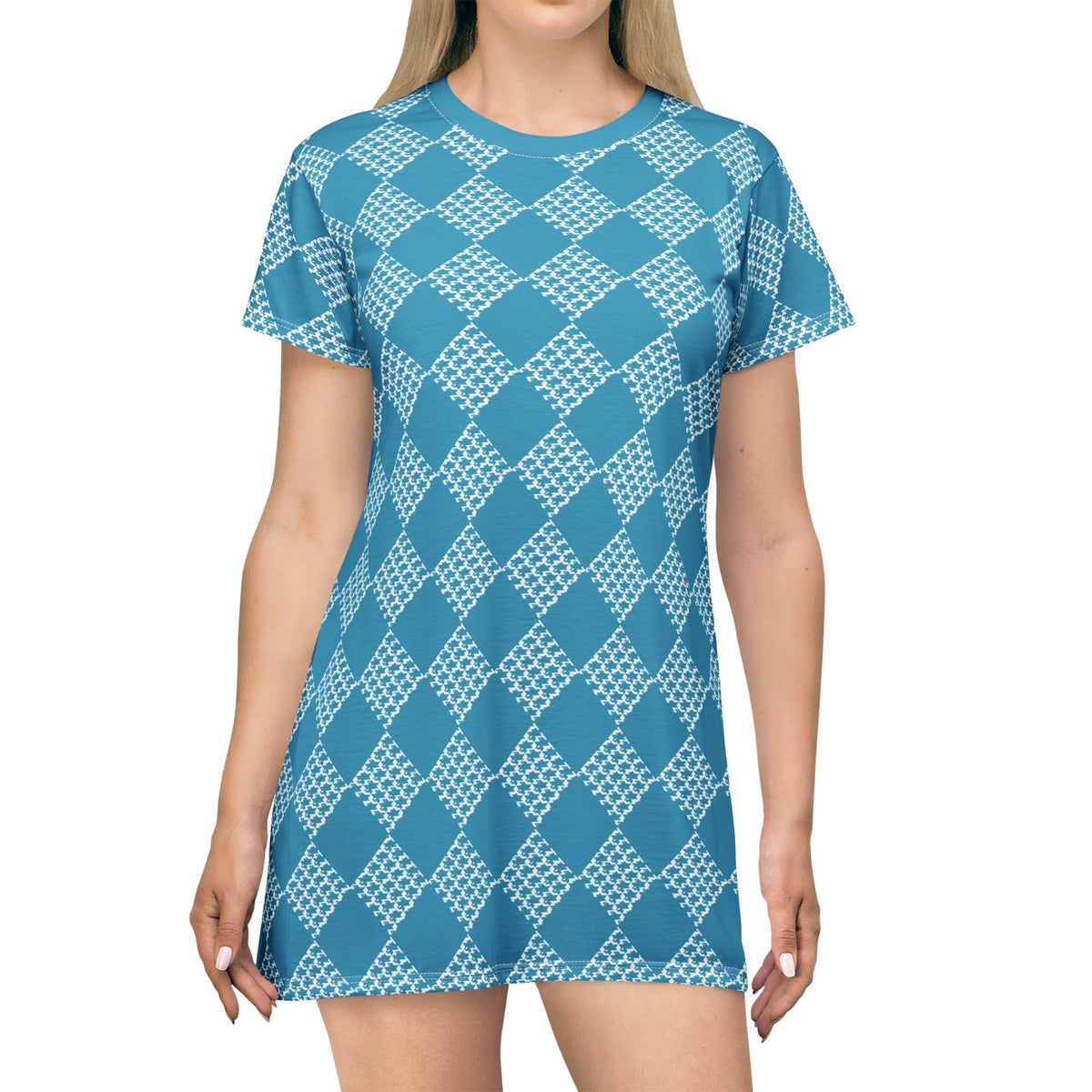 Turquoise Houndstooth  T-Shirt Dress
